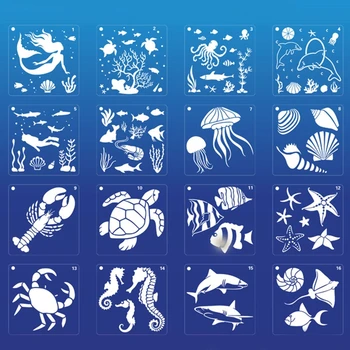 16 Buc Desene animate Ocean Manual DIY Gol Pictura Șablon Copii Crafting Ocean DIY Design Gol PP Plastic Set de Template-uri