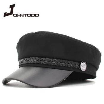 2020 new fashion unisex din piele PU militare palarie toamna marinar, pălărie de om negru gri flat top de sex feminin de călătorie elev pălăria căpitan pălărie