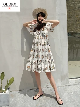 2020 Noi de vara Femei Imprimate dress Japoneză și coreeană stil de colegiu V-neck Balon mâneci moda fusta Lunga A2167#