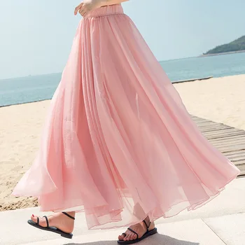 2021 Femei Boem Sifon Fuste Lungi Solid Plaja Fuste Elegante Boho Fuste Femei Fuste Maxi Faldas Saias Înaltă Talie Elastic