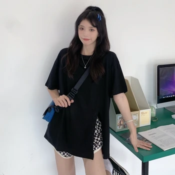 2021 Vara Bază de bumbac T-shirt Femei Casual solid Short Sleeve T-Shirt de Moda de sex Feminin coreeană haine tricou split negru Topuri