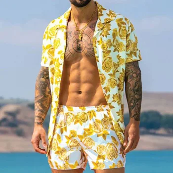 2022 NOI de Vara Barbati Hawaiian Seturi de Imprimare Maneci Scurte Buton de Cămașă pantaloni Scurți de Plajă Două Set Casual de Vacanta Bărbați