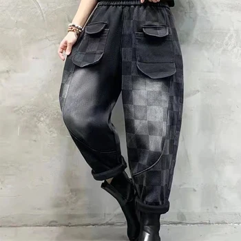 2022 Primăvară Stil De Arte Femei Talie Elastic Mozaic Pleduri Bumbac Denim Pantaloni Harem Buzunar De Design De Epocă Blugi Largi V932