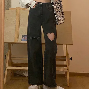 2022 streetwear Inima în formă de gaură de blugi pentru femei talie mare mama blugi vintage pantaloni din denim Negru Full Lungime pantaloni Harajuku