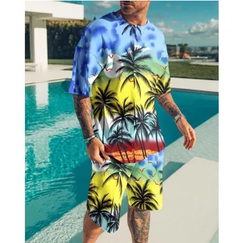 2022 Vară Bărbați Seturi cu Maneci Scurte T-shirt Suit Tropicale Trening Casual Supradimensionate Topuri Și pantaloni Scurți Respirabil Sport