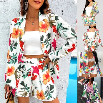 2022 Vară Două Seturi de Piese de Moda pentru Femei Slim imprimeu Floral Sacou și pantaloni Scurți Seturi Doamnelor Munca de Birou 2 Bucata Costum de Haine
