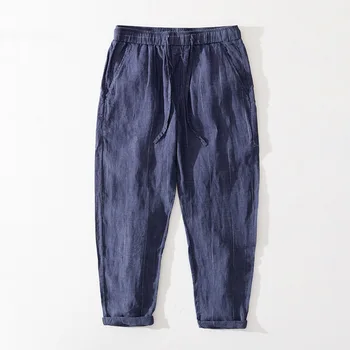 8211 Bărbați Cu Dungi Verticale Lenjerie Pantaloni Casual Anglia Stil Domnilor Respirabil Cordon Subtire Stretch Talie Pantaloni Largi