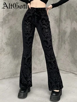 AltGoth Epocă De Întuneric Gotic Velevt Pantaloni Femei Streetwear Harajuku Talie Mare Culoare Solidă Neagră Casual Pantaloni Flare De Sex Feminin Y2k