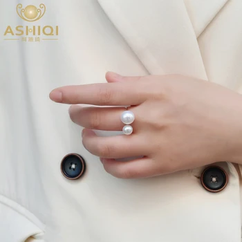 ASHIQI Naturale de apă dulce Pearl Dublu Pearl Argint 925 Deschide Reglabil pe Deget Inelul coreeană pentru Femei 2022 Trendy