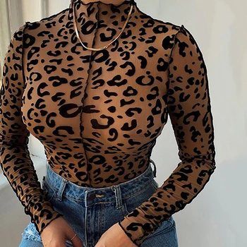 BKLD Leopard de imprimare de Moda Casual Salopetă Pentru Femei 2021 Maneca Lunga High Neck Bodycon Salopeta Streetwear Bodysuit Topuri Maro