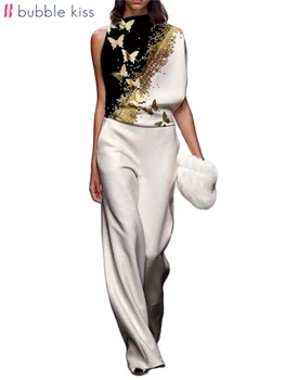 BubbleKiss Moda de Vara Femei Salopeta de Aur Fluture de Imprimare Salopete pentru Femei Body Elegant Doamnă Birou de sex Feminin Salopeta