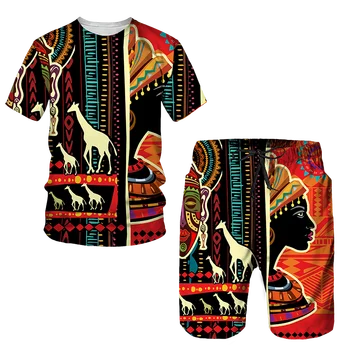 Bărbați Stil African Vara Trening Etnice Totem Print T-Shirt, pantaloni Scurți Set Haine Casual Vintage Supradimensionate, Haine de Moda