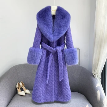Calitate de TOP 2021 iarna noua Moda de sex feminin Tendință de Lux blană de Vulpe hanorac Femei Mari blană Lungă de Stofă de lână haina îmbrăcăminte exterioară