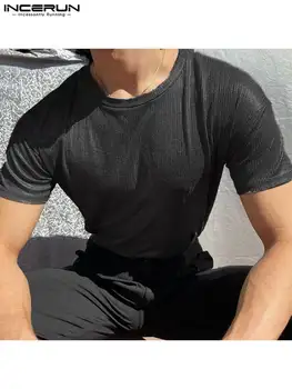 Casual Bine Montarea Topuri INCERUN Stil Simplu Oameni Noi Lucios Groapă Textura Camiseta Moda Bărbat Solid cu mânecă Scurtă T-shirt S-5XL