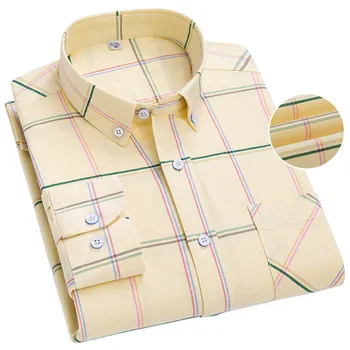 Casual Oxford Shirt pentru Barbati Maneca Lunga Carouri de Moda cu Dungi din Bumbac Pur Buzunarul Stâng Design Regulate se Potrivesc de Afaceri de zi cu Zi Buton