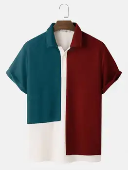 CharmkpR Vânzare Fierbinte Topuri Oameni Noi Tricolor Tricotate Rever Bluza de Moda All-meci de sex Masculin Maneci Scurte Stritching Butonul de Tricouri S-2XL
