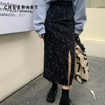 CHEERART Lung Negru Fusta din Denim Femei 2021 Toamna de Moda de Talie Mare Fantă Fusta Doamnelor Bodycon coreean Fusta Midi Fund