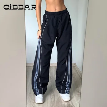 CIBBAR Streetwear Casual pantaloni de Trening Side Stripe Albastru Elastic de Înaltă Wais Pantaloni Drepte y2k Largi Jogging Bottoms pentru Femei Bază