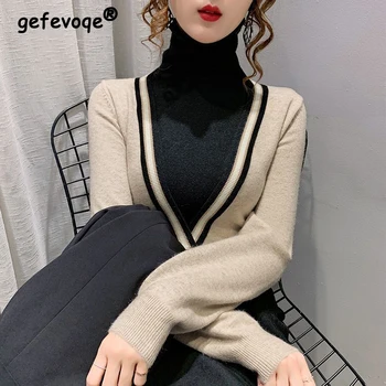 Coreeană Contrast Elegant De Culoare Mozaic Guler Înalt De Bază Tricotate Pulover Femei Toamna Iarna Slim Maneca Lunga, Pulovere Pulovere