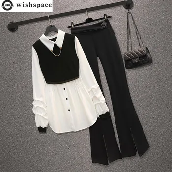 Coreeană de Moda Elegant pentru Femei Costum de Pantaloni Cutat Șifon Tricou Negru Largă Picioare Pantaloni Set de Două piese Confortabil Trening