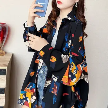 Coreeană Tipărite Singur pieptul Bluza cu Maneca Lunga de Moda de sex Feminin Liber de Turn-down Guler Subțire Tricou Casual de Îmbrăcăminte pentru Femei 2022