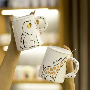 Creative 3D girafa/elefant drăguț animal cu lingura capac ceramica cana de cafea cuplu office acasă ceașcă de ceai de vacanță cadou pentru prieteni