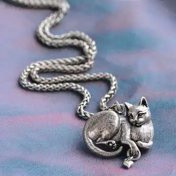 De Argint de epocă Culoare Animal Pisică Colier Pandantiv pentru Femei Lung Lanț Pulover Colier Retro Bijuterii Cadouri