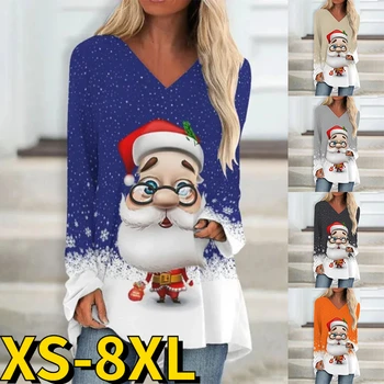 De Iarnă 2022 Topuri Vintage Maneca Lunga tricou Sexy Femei V-neck Pulover moș Crăciun Vintage Christmas Tee Shirt