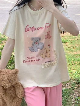 Deeptown Vara Bumbac Drăguț T-shirt Urs Drăguț Anime Print T Shirt Fata Dulce Harajuku Topuri pentru Femei de Moda Haine coreene