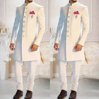 Design de moda Alb Stand Guler Singur Pieptul Etnice Indian Fracul Mirelui Lung costume Pentru Bărbați Costume de Nunta Formale Slim Fit Purta 2Pc