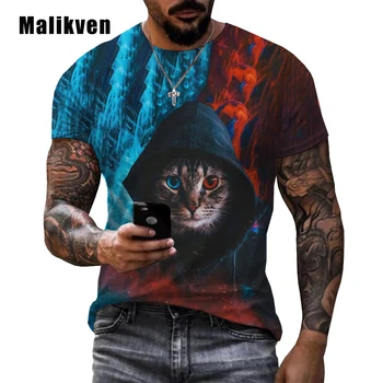 Digital Cat Imprimate T-Shirt de sex Masculin Grim Pisica 3D Print T Camasa Barbati Maneca Scurta Tricou Hombre Camisetas