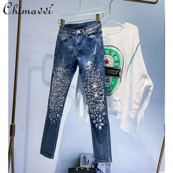 Europene Noua Moda Doamnelor Cusut Manual Diamant Strălucitor Denim Pantaloni Femei 2021 Toamna Solid Slăbire Glezna-lungime Blugi Skinny