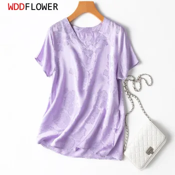 Femei 100% Mătase de Dud 20 Momme Jacquard de Mătase de Culoare Violet V Neck Short Sleeve Top Camasa Bluza Tricou Pulover M L XL MM561