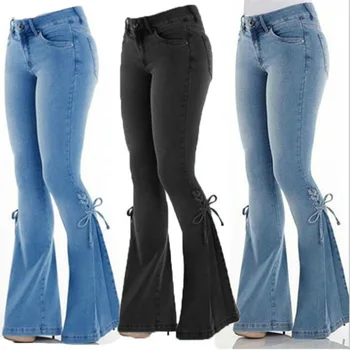 Femei Europene și Americane Blugi talie mijlocie Partea Dantelă-up Denim Pantaloni Evazate Blugi Stretch Femei Pantaloni Jeans pentru Femei