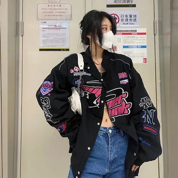 Femei Imprimate Casual Cu Fermoar Maneci Lungi Curse Sacou Haina De Iarna Coreean Haine Vintage Negre Femei Varsity Bomber Jacket
