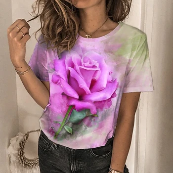 Femei T-shirt de Vară de Moda Y2k Topuri 3D Rose Print Tee Harajuku Tricou Femei Scurte Casual, Haine Supradimensionate 5XL O-Gât T Camasi