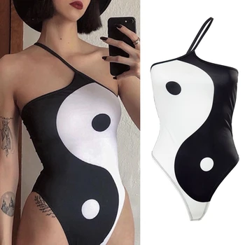 Femei Talie Mare Burtica Control Costume de baie Yin Yang Y2K Stil Bikini Gol Curea Căpăstru fără Mâneci dintr-O Bucata costum de Baie