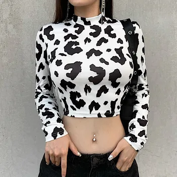 Femei Șic Lapte de Vaca de Imprimare Topuri de Cultură Bluza Maneca Lunga Guler Slim Fit Casual T-Shirt de Primavara Toamna E-fata de Streetwear