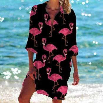 Flamingo Imprimare femei top Navetiști casual slim subțire 3D imprimate Boem de Turn-down Guler camasa bikini beach fusta