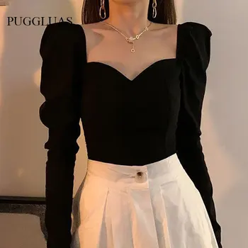 Francez De Epocă Elegante, Topuri Femei, Cu Maneci Lungi Negru Sexy Y2k Bluza Office Lady Moda Coreeană Pură Culoare Tricouri 2022 Toamna