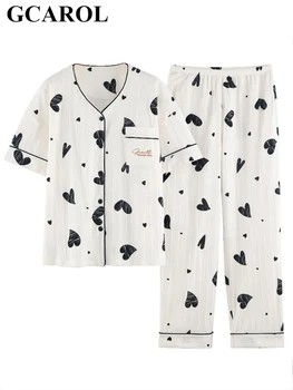 GCAROL Vara Femei V-Neck Bumbac Jacquard Pijama 2 buc Seturi Elegante Singur Pieptul Cămașă Elastic Talie Pantaloni Haine de Acasă
