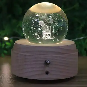 Glob de cristal LED Lumina de Noapte din Lemn Caseta de Muzică Lampă de Noptieră Interior Sculptură Micul Prinț Urs Unicorn pentru Copii Ziua de nastere Cadou de Crăciun