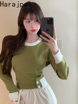 Harajpee O-Gât Culoare De Contrast Elegant Mâneci Lungi Pulovere Tricotate Femei Nou De Toamna Primavara All-Meci Moda Coreeană Sus