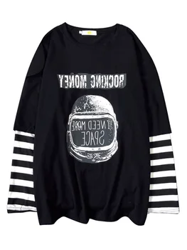 Harajuku Femeie T-Shirt Toamna Femei cu Maneci Lungi t-shirt Casual Scrisoarea Imprimate Mozaic stripe Top negru Supradimensionat Streetwear
