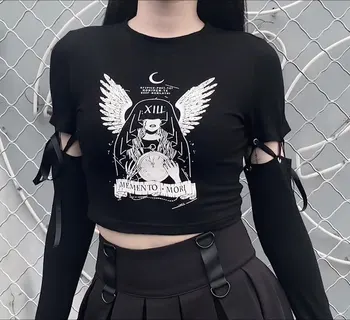 Harajuku Punk Stil Gotic Maneca Lunga Slim Fit T-shirt Toamna grafic t shirt Femei Vrăjitoare Bodycon Imprimare Topuri y2k estetice