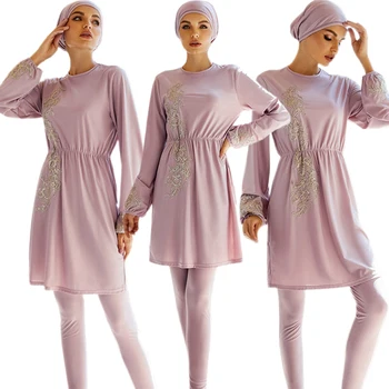 Hijab costum de Baie 3pcs Burkini Costume de baie Musulman 2022 Modest Costume de baie Pentru Femei Culoare Solidă Broderie Islamice pentru Femei Costum de baie