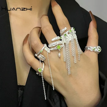 HUANZHI Personalitate Lux Verde Stras Lanț Tassel Pandantiv Perle Multistrat Cruce de Cristal Deschide Inele pentru Femei Set Bijuterii