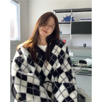 Iarna Femei Negru Pulover V Neck Diamant Zăbrele Culori Contrastante Moda Coreeană Pierde Pulover Mâneci Lungi, Tricotat Topuri