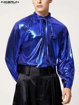INCERUN Barbati Tricou de Culoare Solidă 2022 Dantela cu Maneci Lungi Streetwear Butonul Camisas Toamna Strălucitor de Moda Casual, Petrecere, Tricouri S-5XL