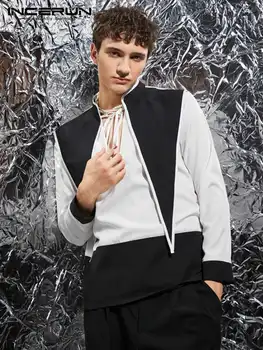 INCERUN Barbati Tricou Mozaic Stand de Guler cu Maneci Lungi din Dantela-Up Casual Camisas 2022 Streetwear Personalitate de Moda Tricouri Bărbați S-5XL